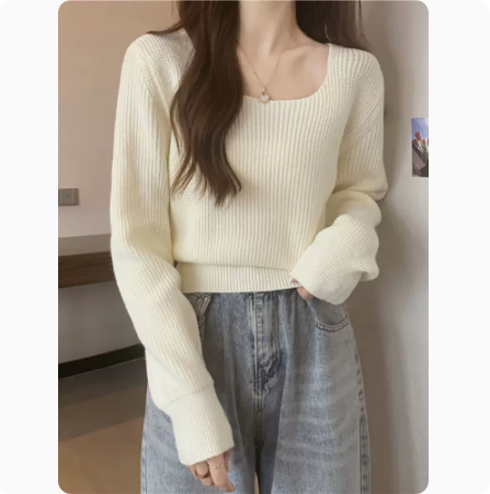 方領短款毛衣女春季2023新款高級感高腰內搭針織打底衫鎖骨小上衣