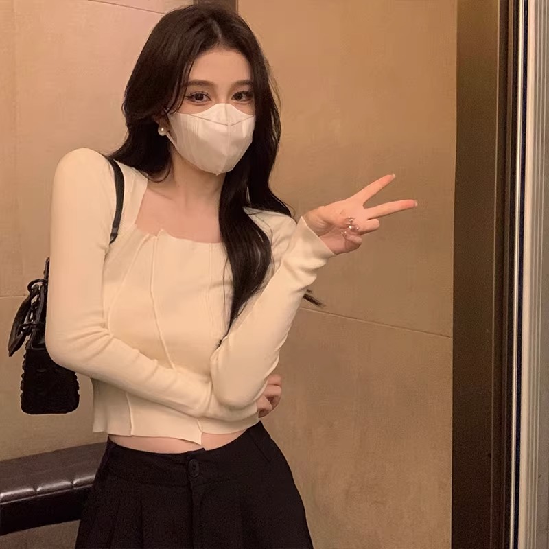 方領針織打底衫女秋季2023新款設計感不規則內搭短款長袖t恤上衣