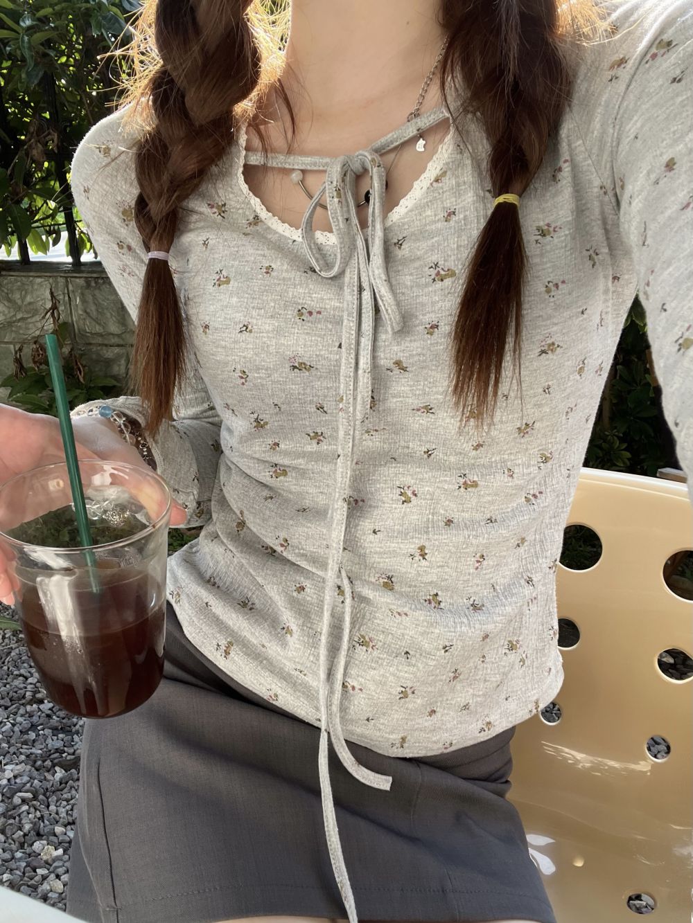 實拍三標齊氛圍感少女BM風碎花T恤打底衫女