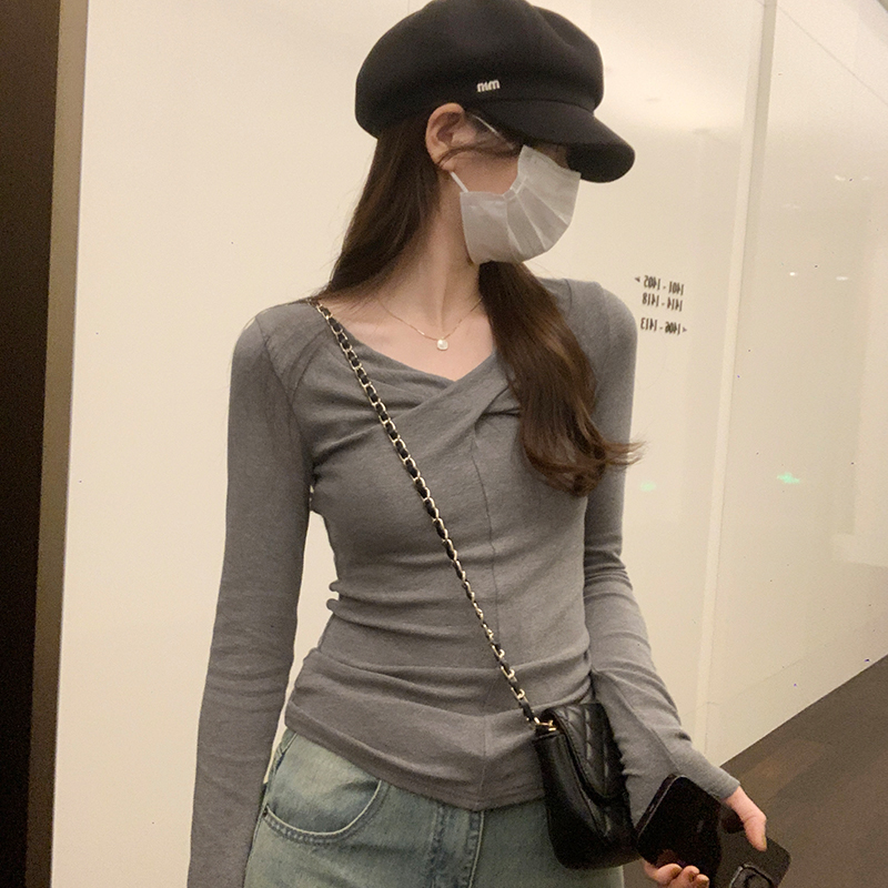 實拍圖歐貨小衫粉色交叉V領T恤女2023秋冬新款百搭顯瘦長袖上衣