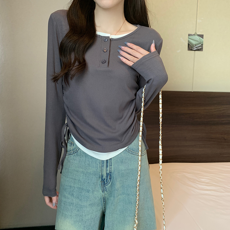 實拍 秋季韓版寬鬆260克人棉圓領假兩件外穿內搭打底衫長袖T恤女