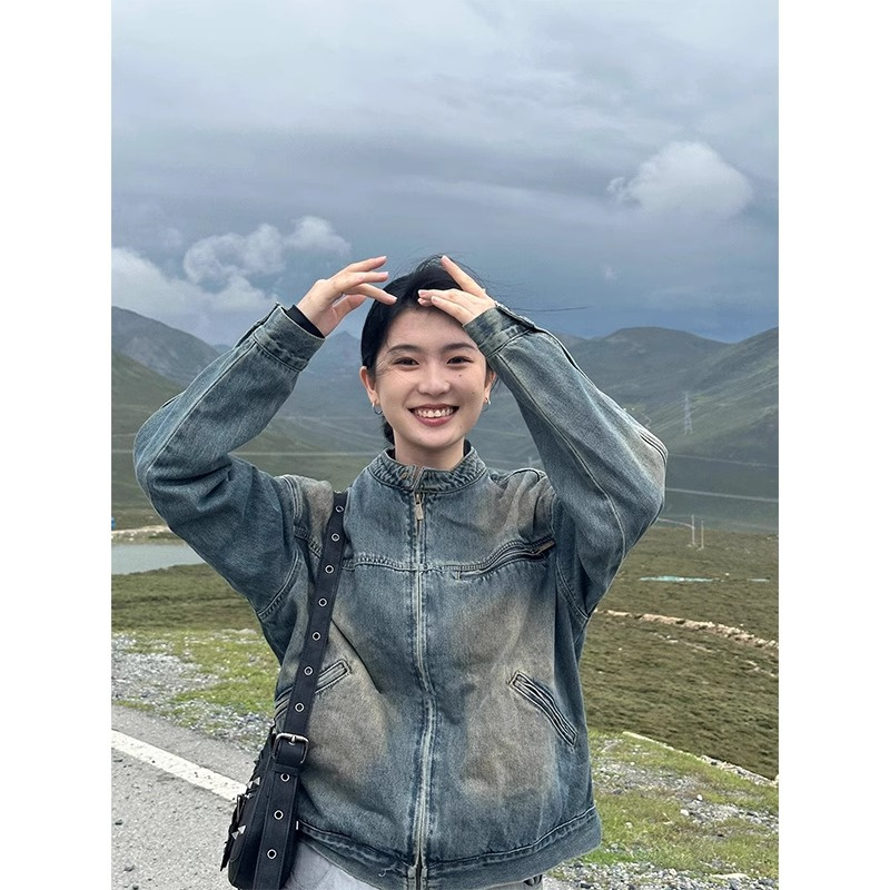 2023新款美式復古水洗做舊牛仔外套女春秋款寬鬆休閒拉鏈夾克上衣