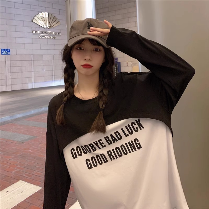 實拍 6535拉架棉秋裝假二件拼接設計感長袖T恤女上衣