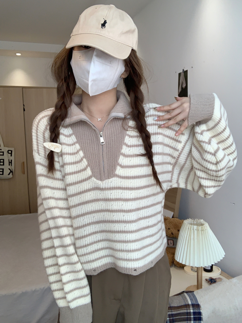 實拍  日系辣妹風復古時髦撞色條紋寬鬆顯瘦短款套頭毛衣外套