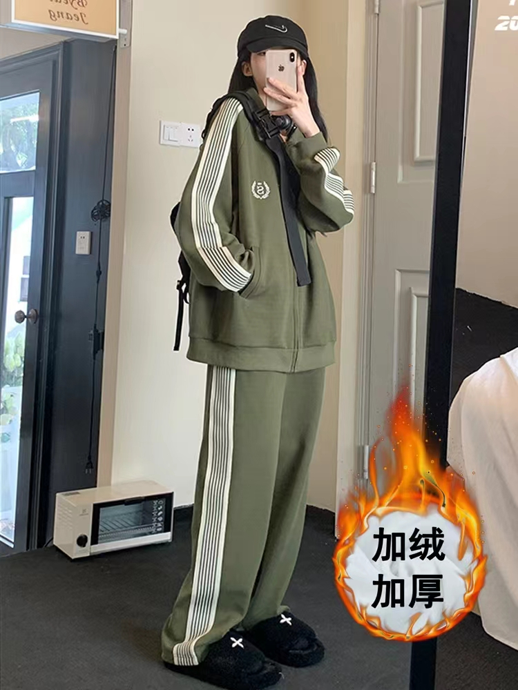 加絨加厚學院風運動服套裝女學生韓版寬鬆顯瘦衛衣休閒兩件套