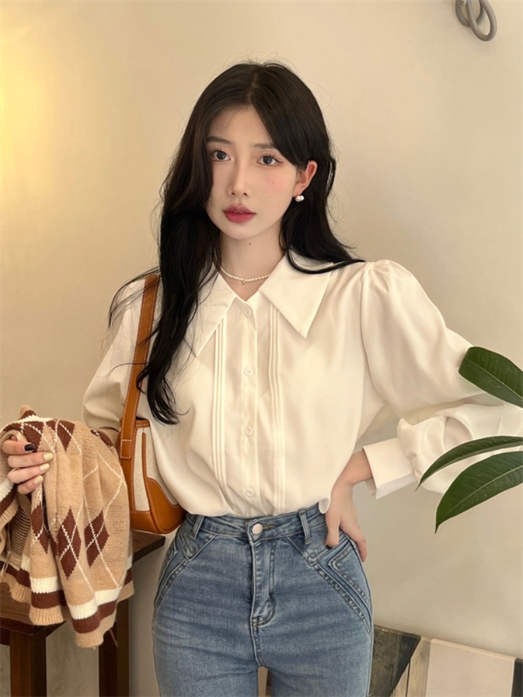 法式翻領垂感白襯衫女設計感小眾寬鬆上衣氣質復古泡泡袖襯衣薄款