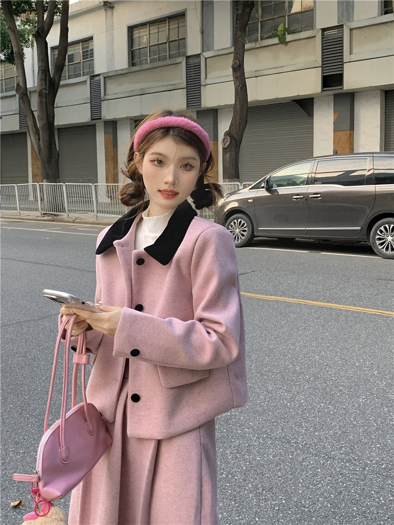 實拍 秋冬新款法式小香設計polo領呢子外套+高腰顯瘦半身裙女