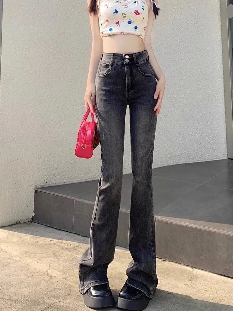 辣妹微喇牛仔褲女秋季2023新款網紅修身高腰復古顯瘦闊腿拖地褲子