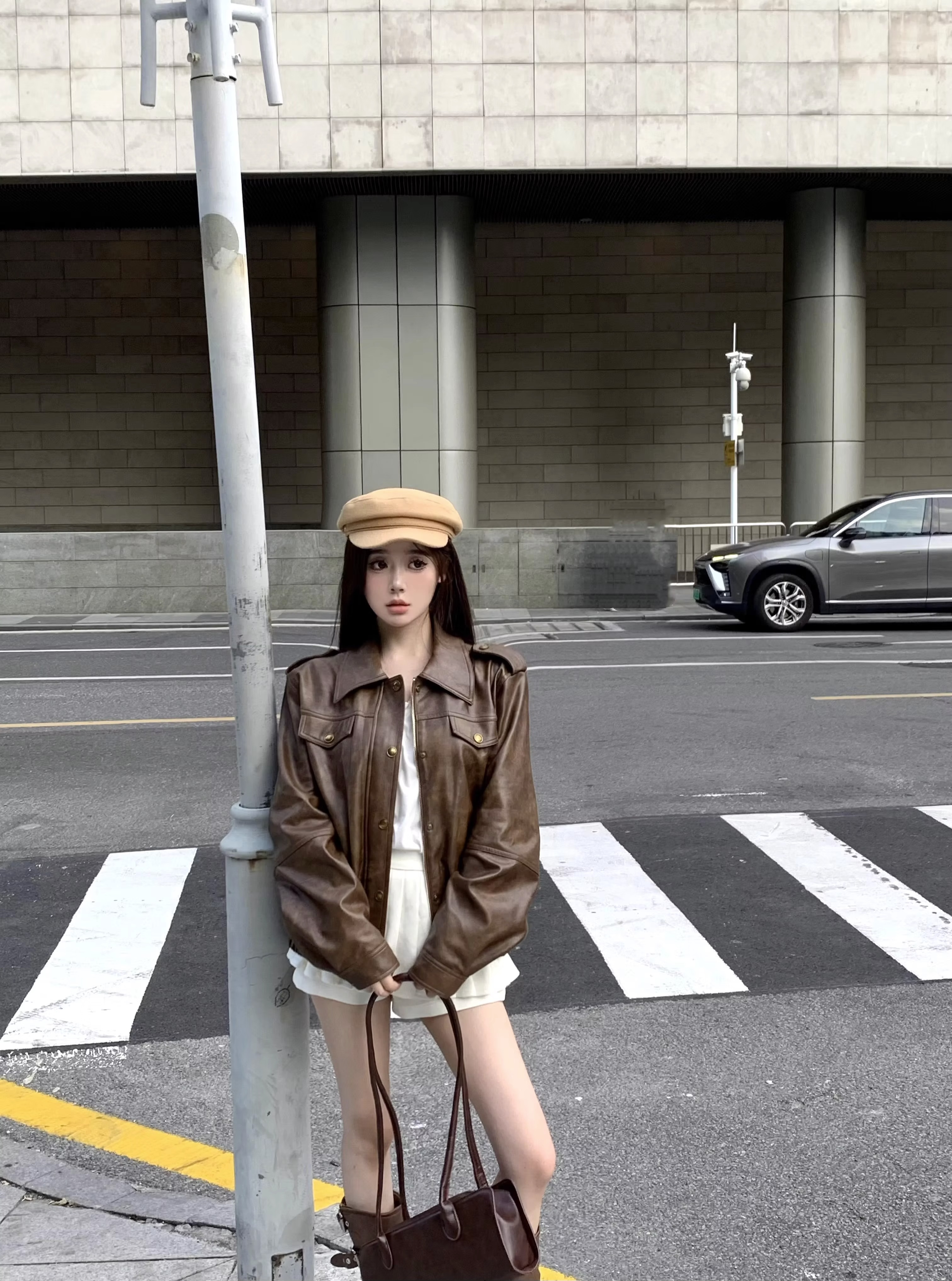 2023新款咖色pu皮夾克女春秋寬鬆高級感氣質休閒百搭開衫短外套潮