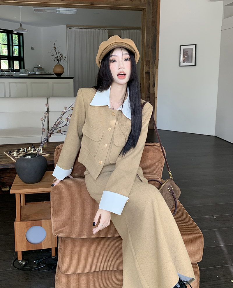 實拍  高級感撞色翻領短款外套女高腰半身裙名媛兩件套