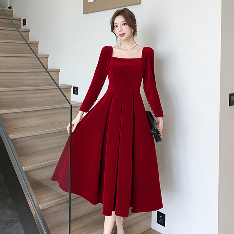 酒紅色絲絨敬酒服新娘結婚回門禮服小個子訂婚連衣裙秋冬平時可穿