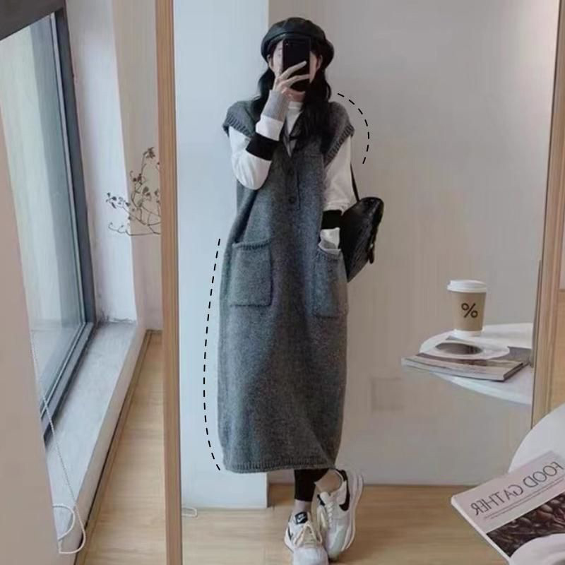 質檢官圖秋冬季韓系氣質毛衣背心裙胖mm寬鬆減齡大口袋連衣裙