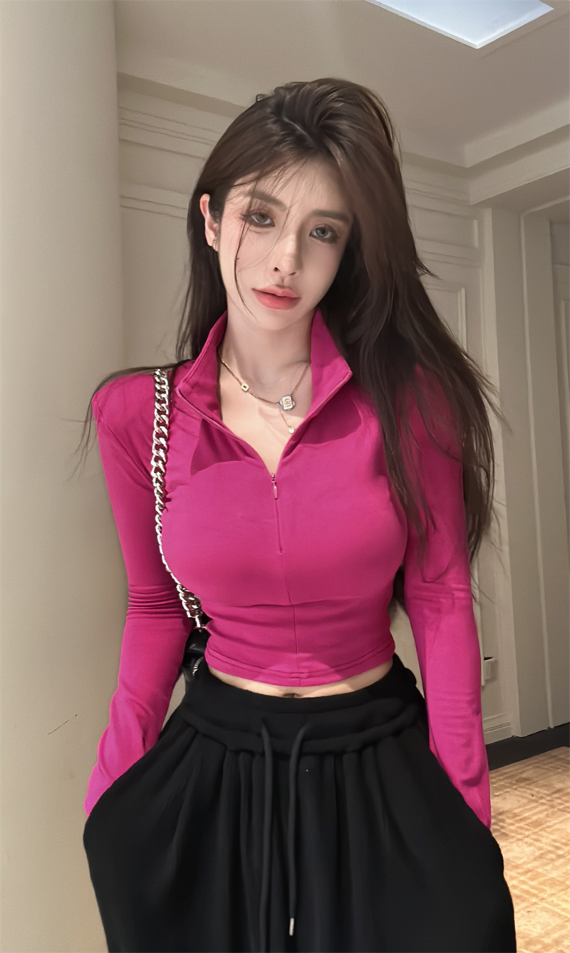 實拍 純欲獨特别致甜辣妹緊身短款polo領上衣女長袖t恤