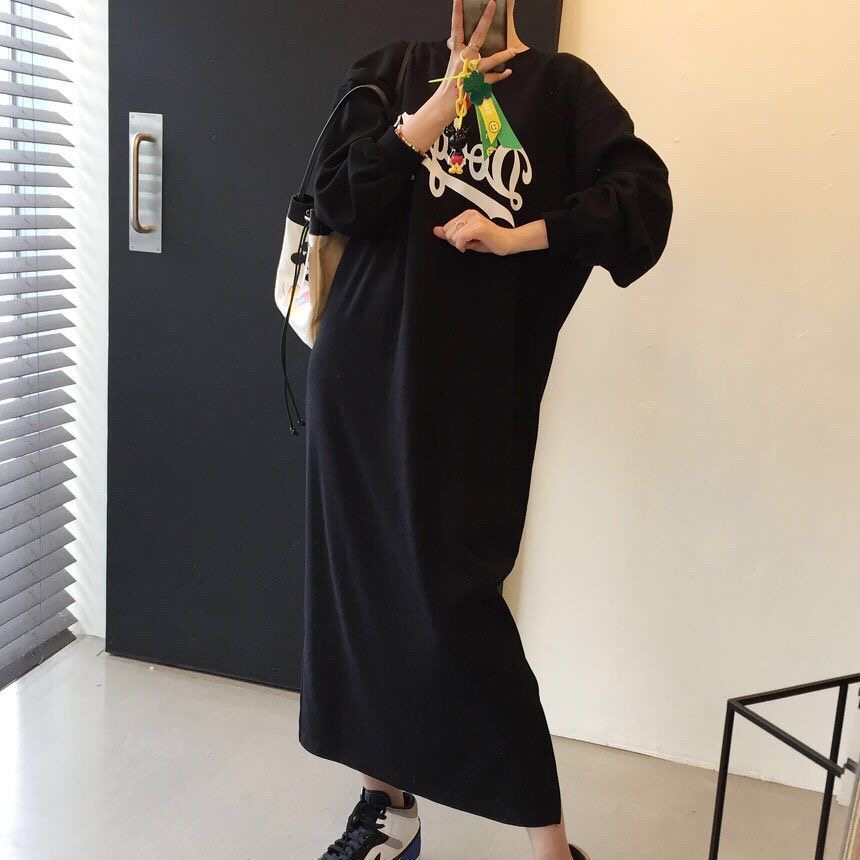 250g大衛衣加絨加厚秋冬設計感字母印花衛衣裙慵懶風連衣裙
