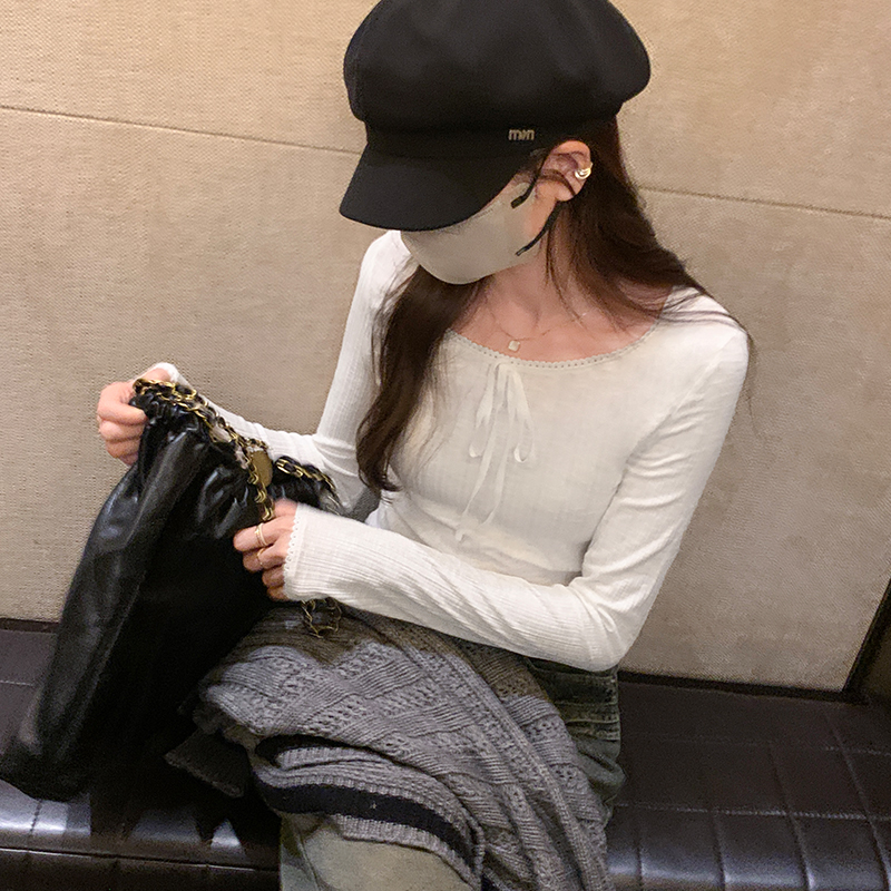 實拍圖韓系學院風設計感花邊領織帶長袖T恤秋季減齡百搭打底衫