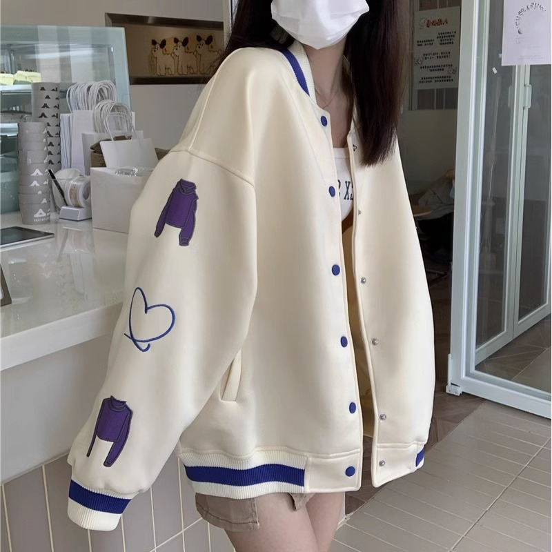 官圖 美式夾克外套女小個子2023年百搭棒球服設計感刺繡上衣衛衣
