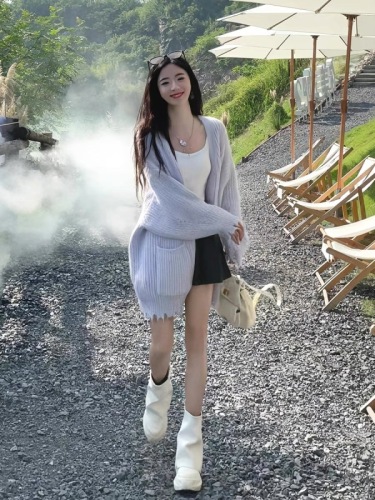 韩版宽松慵懒风毛衣外套女秋季设计感下摆不规则休闲针织开衫上衣