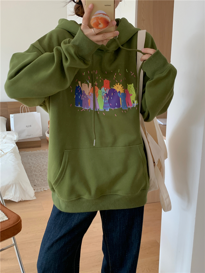 實拍 連帽卡通印花寬鬆減齡可愛加絨上衣