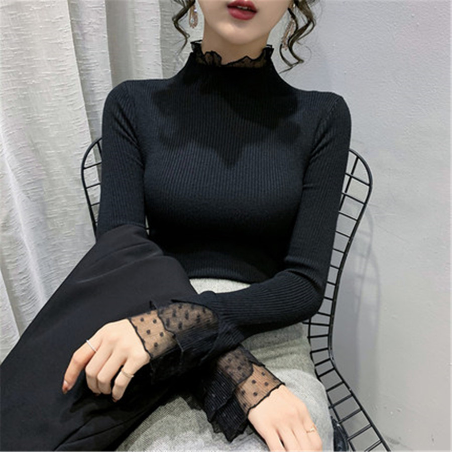 黑色針織衫女2023新款秋季秋冬套頭長袖蕾絲半高領打底衫內搭毛衣