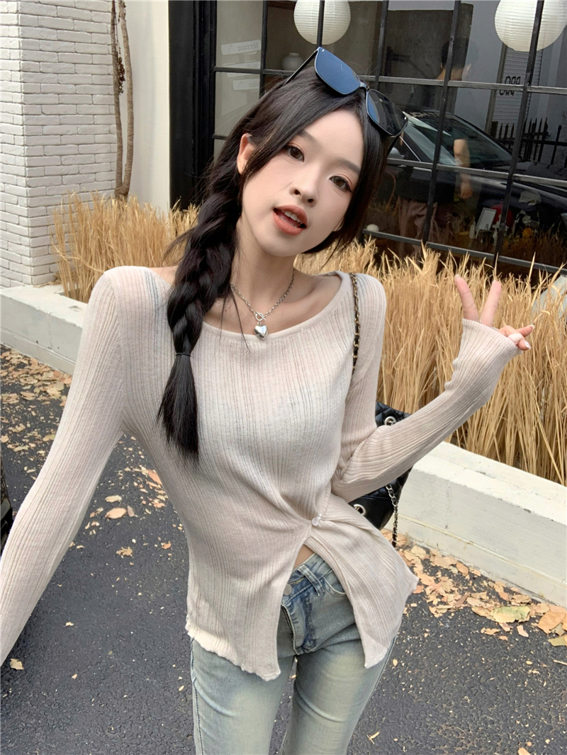 實拍 性感辣妹收腰開叉修身顯瘦打底衫上衣一字肩針織衫女