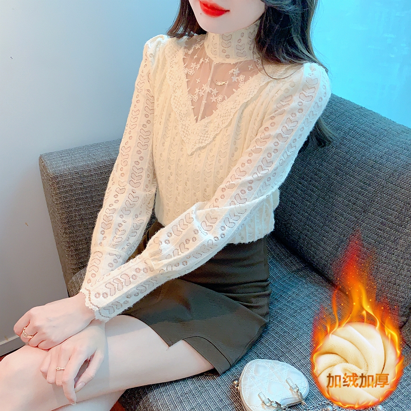 襯衫女2023秋裝新款網紗蕾絲打底衫洋氣內搭小衫時尚加厚加絨上衣