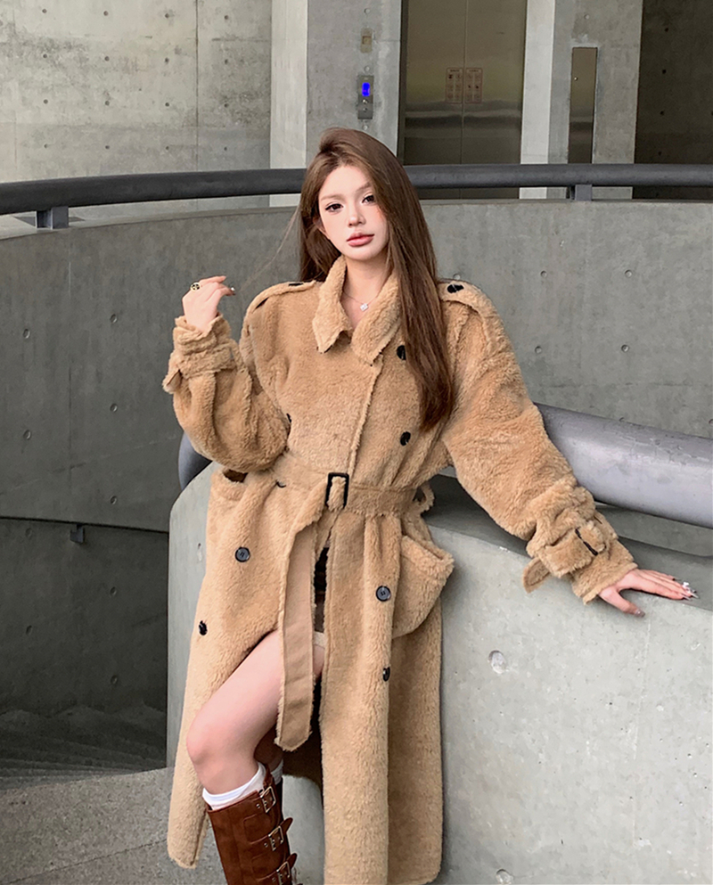 實拍秋冬羊羔毛皮毛一體中長款赫本復古西裝毛毛外套腰帶女