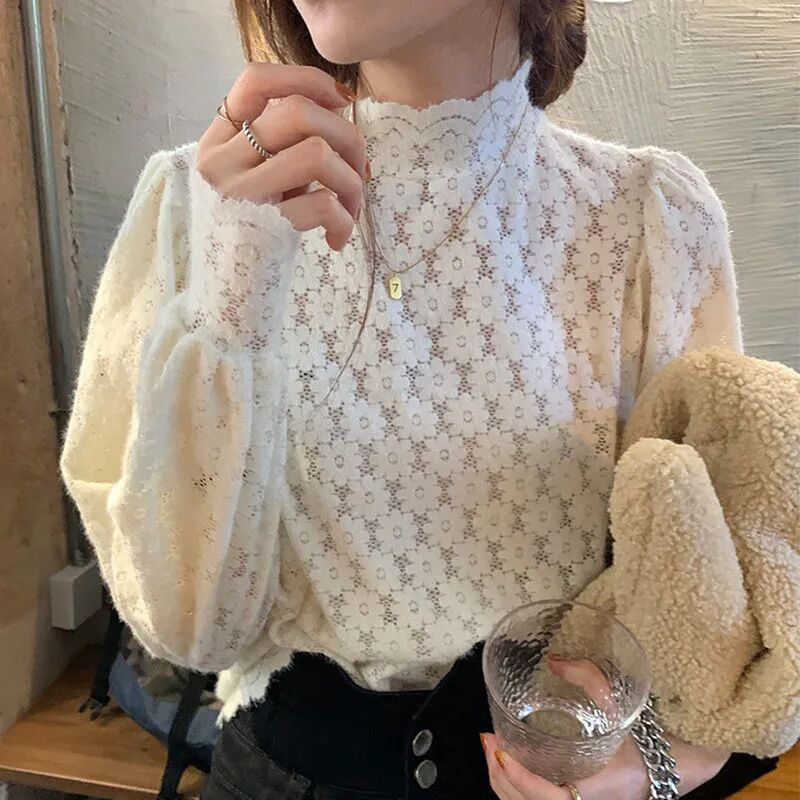氣質鏤空蕾絲打底衫女秋冬季半高領洋氣內搭小衫超仙上衣服
