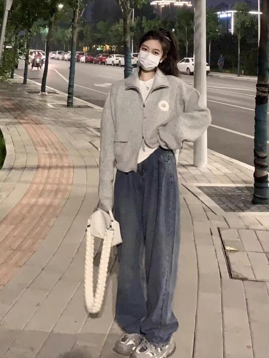 韓版寬鬆百搭設計感慵懶風翻領拉鏈毛衣開衫外套