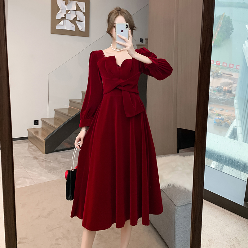 長袖敬酒服新娘2023蝴蝶結回門紅色結婚訂婚連衣裙平時穿禮服高級