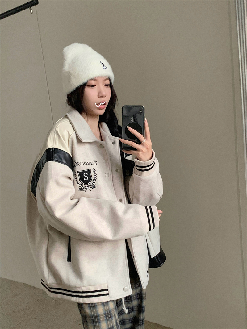 實拍 美式學院風毛呢棒球服外套女秋冬季寬鬆設計感翻領夾克