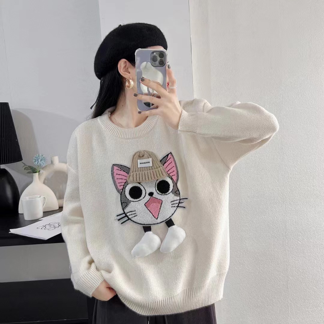 減齡卡通刺繡小貓毛衣女秋冬2023年新款款bf慵懶風加厚上衣潮