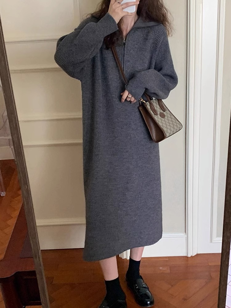 2023 new autumn and winter high-end mid-length sweater dress lapel bottoming sweatshirt knitted dress for women