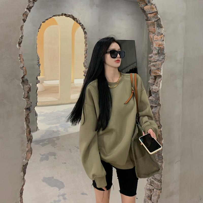薄款衛衣女秋裝歐美風長袖寬鬆綠色圓領學生外套