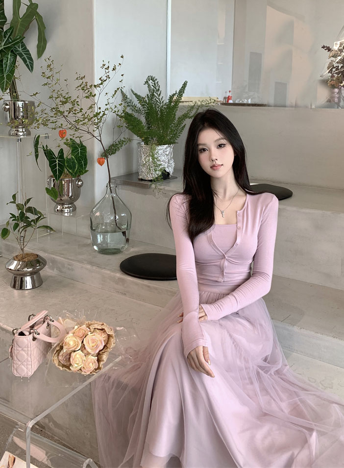 實拍~溫柔甜美淡紫色網紗半裙針織開衫吊帶套裝收腰長裙三件套
