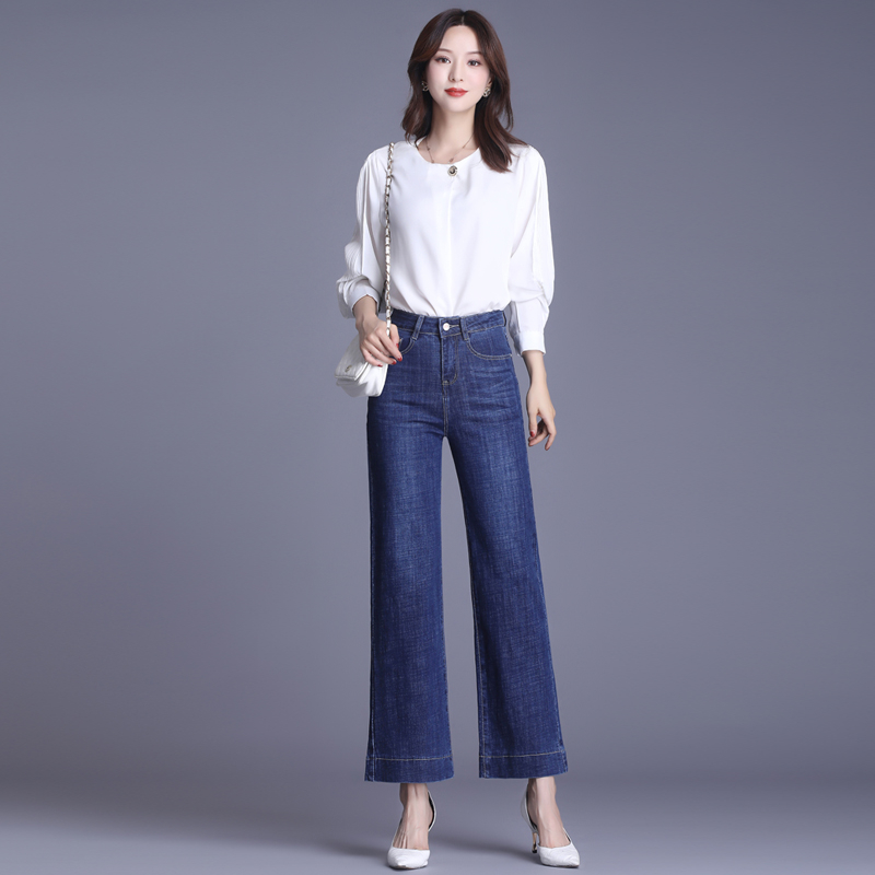 Real shot of 2023 autumn and winter high-waisted wide-leg jeans for women, loose, slim and versatile straight-leg nine-point pants