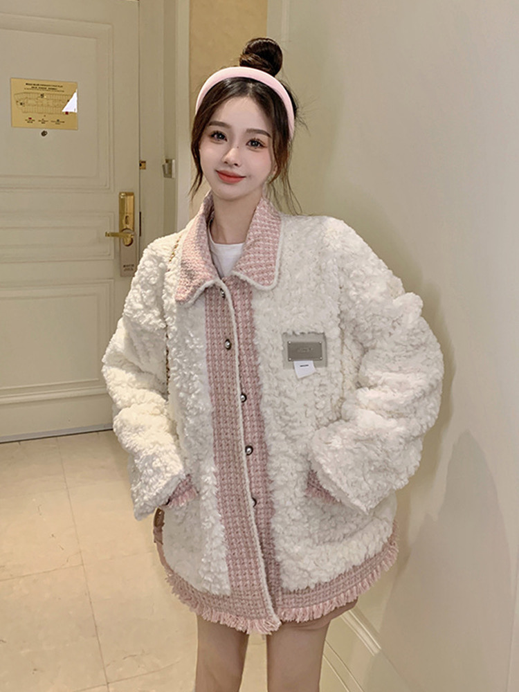 小香風羊羔毛保暖加厚外套上衣女秋冬季小眾溫柔棉服百搭寬鬆棉衣