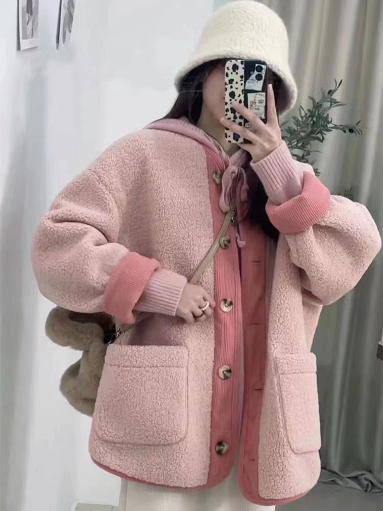 秋冬季加厚款撞色復古羊羔毛外套女裝小香風寬鬆加厚潮中長款開衫