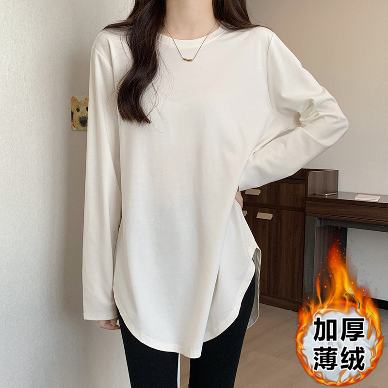 實拍中長款加絨打底衫女秋冬長袖t恤內搭弧形下擺側開叉上衣