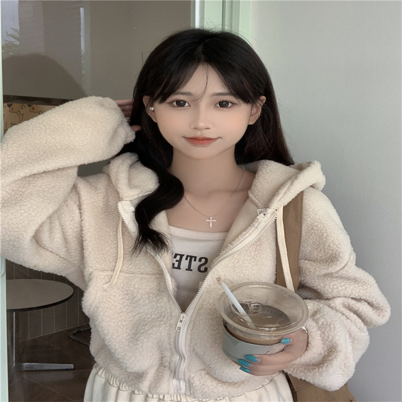 韓版黑色仿羊羔毛絨衛衣外套女秋冬2023新款洋氣寬鬆短款連帽上衣