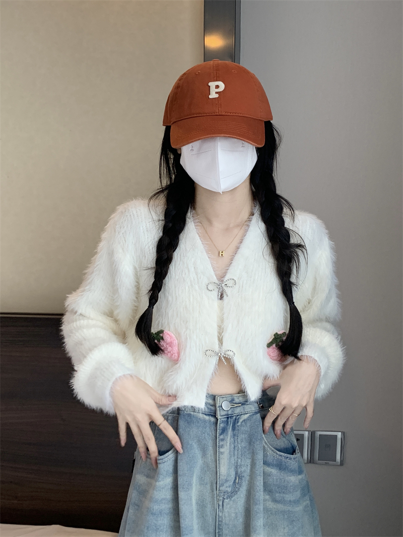 實拍 新款毛茸茸超好看V領毛衣外套設計感小眾蝴蝶結針織開衫