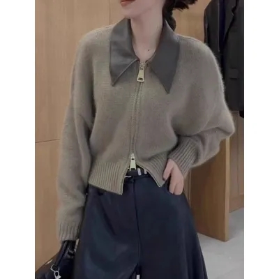 設計感拼皮雙拉鏈針織外套秋女2023時尚名媛洋氣短款軟糯毛衣開衫