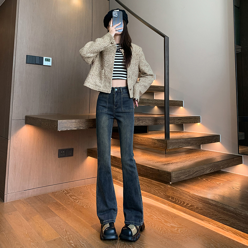 實拍2023秋季時尚潮流拼接修身微喇美式復古牛仔褲女