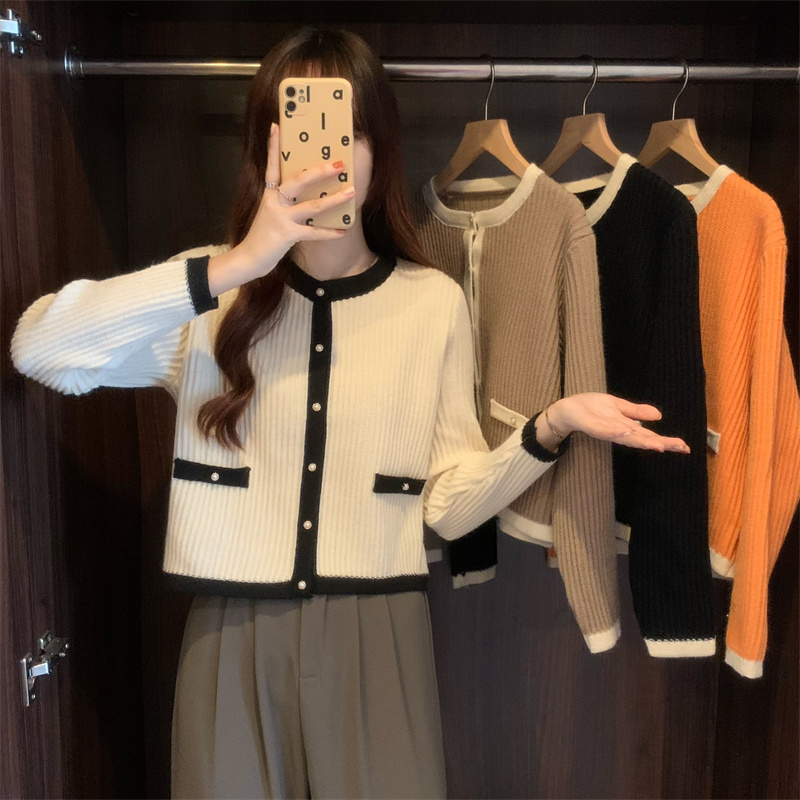 實拍 秋冬新款韓版撞色毛衣針織開衫女