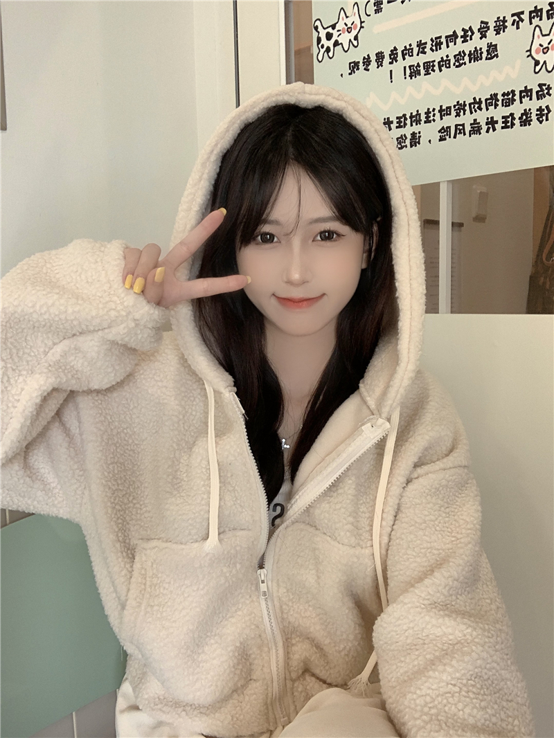 韓版黑色仿羊羔毛絨衛衣外套女秋冬2023新款洋氣寬鬆短款連帽上衣