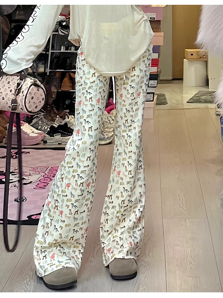 ***磨毛絨 有口袋 腰頭壓線包邊卡通動物印花微喇叭褲子