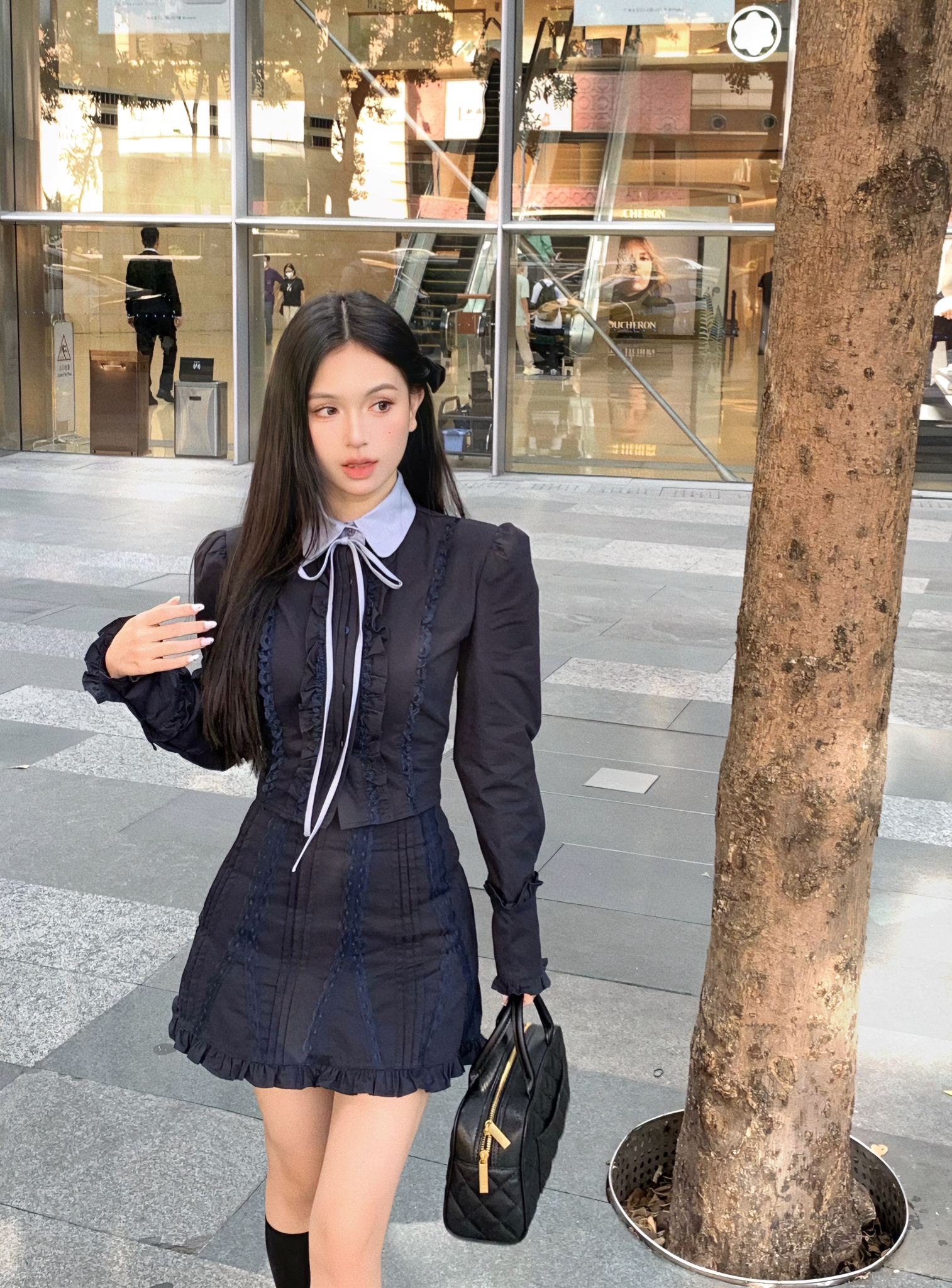 實拍 時空薔薇錄蕾絲套裝女兩件套重工上衣藏青色半身裙