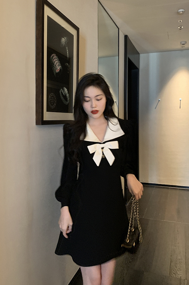 小香風蝴蝶結黑色連衣裙女秋季新款法式收腰名媛氣質小黑裙子