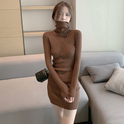 韓國新款秋冬高領黑色針織連衣裙女修身顯瘦緊身包臀打底毛衣裙