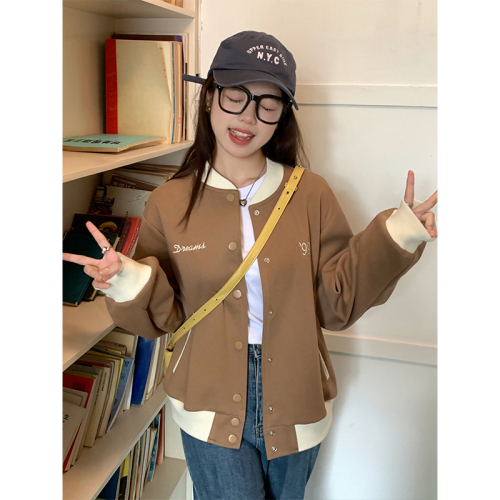 Real shot of baseball uniform jacket for women 2023 new autumn tweed fabric letter embroidered jacket top