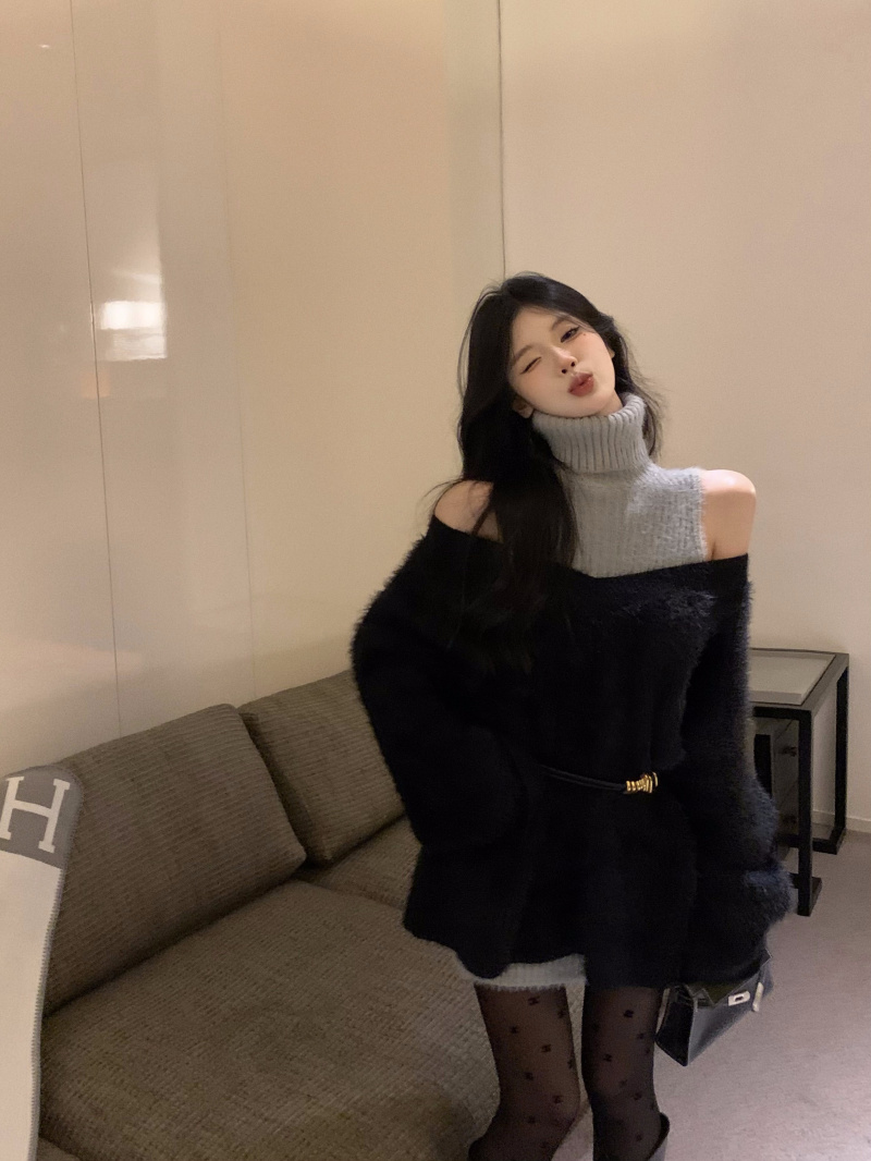 實拍 黑色水貂絨慵懶毛衣女冬季寬鬆純欲毛衣裙疊穿兩件套